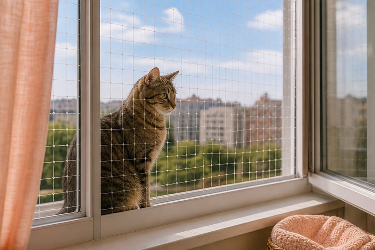 Kot siedzi na parapecie przy oknie zabezpieczonym przezroczystą siatką ochronną